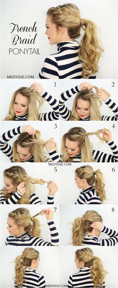 Rabo de cavalo +trança lateral♥ passo a passo Ponytail Hairstyles Tutorial, French Braid Ponytail, Side French Braids, Ponytail Tutorial, Braid Ponytail, French Braid Hairstyles, Braided Ponytail Hairstyles, Peinados Fáciles Para Cabello Corto, Lady Fashion