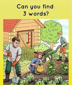 an image of children gardening in the garden with text that reads can you find 3 words?