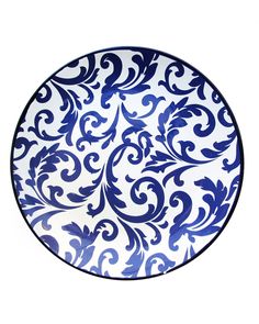 a blue and white plate on a white background