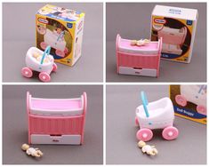 four different views of a toy baby's crib and stroller with wheels