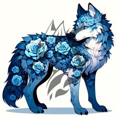 a blue wolf with roses on it's chest