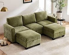 a living room with a sectional couch and ottoman