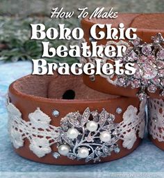 two brown leather bracelets with white lace and pearls on them, the text how to make boho chic leather bracelets