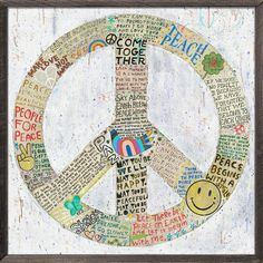 a peace sign with words written all over it