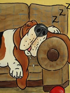 a painting of a dog sleeping on a couch next to a red ball and pillow