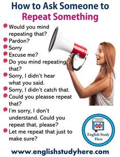 a woman holding a red and white megaphone with the words how to ask someone to repeat