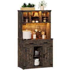 an old wooden cabinet with pots, pans and other kitchen items on the shelves