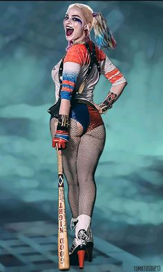 a woman in fishnet tights holding a baseball bat