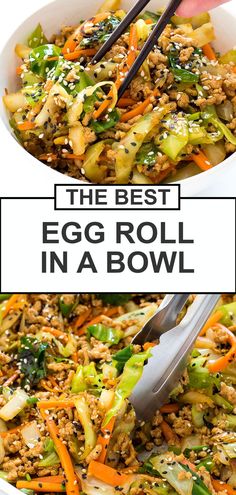 an egg roll in a bowl with chopsticks sticking out of it and the text low carb egg roll in a bowl