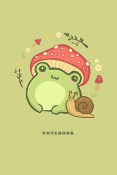 a green frog with a mushroom on it's head sitting next to a snail