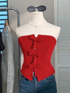 Knit Tube Top For Women Red Casual  Sleeveless Knitted Fabric Plain  Slight Stretch  Women Clothing, size features are:Bust: ,Length: ,Sleeve Length: Red Corset Top, Knit Tube Top, Red Things, Red Corset, Red Tops, Top For Women, Red Top, Affordable Clothes, Ladies Party