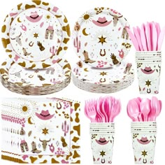 pink and gold party supplies including plates, napkins, cups, forks, utensils