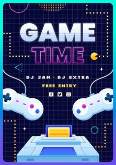 a video game poster with two controllers and the words game time in front of it