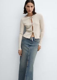 Knitted cardigan with bow -  Women | Mango USA Mango Clothing, Spring Knitwear, Slim Cardigan, Knitwear Trends, Knitwear Style, Autumn Knitwear, Spring Cardigans, Cool Girl Style, Bow Women