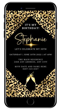 Editable Digital Gold Black Leopard Animal Print Party Evite displayed on a smartphone screen with champagne glasses nearby. Cute Birthday Invitations Zazzle, Cheetah Print Party, Animal Print Birthday Party, Leopard Birthday Parties, Cheetah Birthday Party, Leopard Print Birthday, Cheetah Birthday, Leopard Print Party, Leopard Birthday