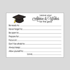 a graduation party card with the words leave your advice and wishes for the graduate