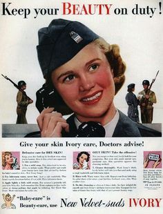 an advertisement from the 1950's shows a woman in uniform talking on a telephone