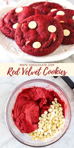 red velvet cookies with white chocolate chips on top and in the middle, next to another cookie