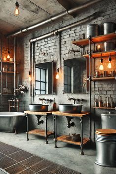 an industrial style bathroom with two sinks and a tub