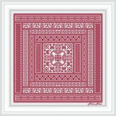 a red and white cross - stitch pattern in the shape of a square with an intricate design