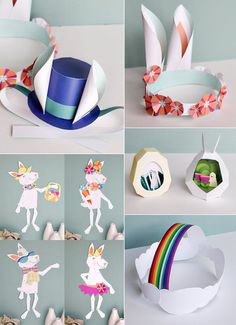 several different pictures of paper hats and decorations