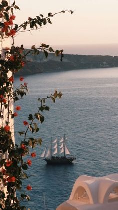 there is a boat that is in the water near some buildings and trees with red flowers