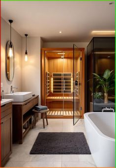 a bathroom with a large bathtub next to a walk in shower and two sinks