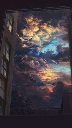 a painting of clouds in the sky above a building