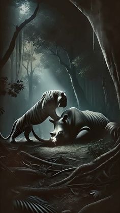 two zebras in the middle of a dark forest