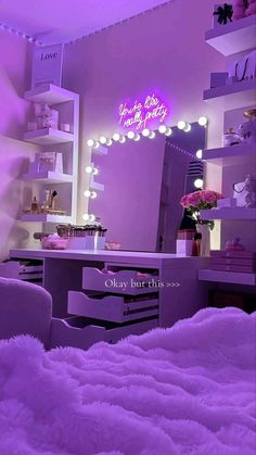 a bedroom with purple lighting and white fur on the bed, in front of a large mirror