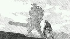 a drawing of a man standing in the rain next to a giant object that looks like a monster