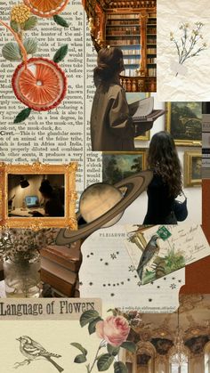 the collage has many different pictures and words on it as well as flowers, books