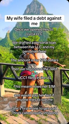 two people standing next to each other on top of a hill with the words, my wife filed a debt against me