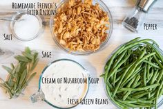 ingredients to make green beans are shown in bowls