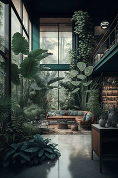 a room filled with lots of plants next to a tall glass window covered in greenery