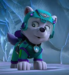 a cartoon dog wearing a helmet and goggles standing in front of an ice cave