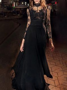 Black Dress Chiffon, Dress Masquerade, High Neck Black Dress, Black Lace Long Sleeve Dress, Plus Size Vintage Dresses, Gown Vintage, A Line Evening Dress, Evening Dresses Online, Cheap Evening Dresses