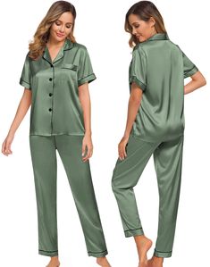 PRICES MAY VARY. Materials: This lightweight pajama set is made of lightweighr silk satin, soft，breathable and skin-friendly, help you have a sound sleep. Features: The relaxed fit two-piece comfortable sleepwear pajama set features the silkiest long pant with elastic waist and matches a silky-smooth short-sleeve v-neck top with a chest pocket, notch collar and the button-front top hits at hips. The sleepwear set are soft and elegant, to giving you a lazy sleep. Occasion: Women's Short Sleeve Si Bridal Sleepwear, Silk Pajamas Women, Silk Pajama Set, Satin Pyjama Set, Sleepwear Sets, Satin Pajamas, Silk Pajamas, Sleepwear & Loungewear, Pajama Set Women