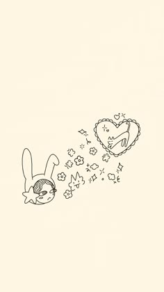 a black and white drawing of a bunny falling from a heart shaped balloon with stars coming out of it