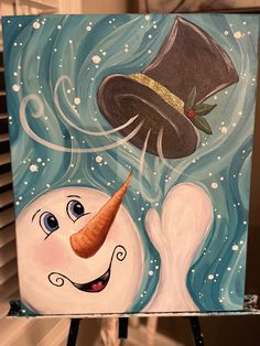 a painting of a snowman with a top hat on it's head and a carrot sticking out of his nose