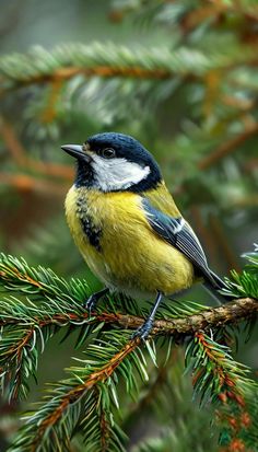 a bird perched on top of a pine tree branch