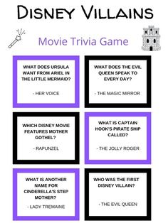 the disney villain movie trivia game is shown in black and white with purple squares