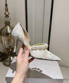 Lasaky - Chic Lace Floral Pearl Detail Peep Toe Pumps: Elegant High Heels for Women White Lace Heels, Black Lace Heels, High Heels For Women, Silver High Heels, White High Heels, Elegant High Heels, Womens Mary Janes, Lace Heels, Low Heel Sandals