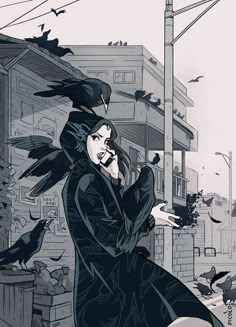 a black and white drawing of a woman with crows on her head, standing in front of a building