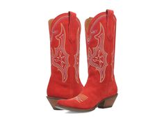 Dingo Hot Sauce Leather Boot - Women's Boots : Red : Spice up your wardrobe with the Dingo Hot Sauce Leather Boots. Standing 13 inches tall, these boots are handcrafted with a suede leather upper adorned with electric stitching for a show stopping design. The leather lining keeps your feet comfortable all day. Elevated with 2-inch block heels, a snip toe silhouette, and cushion comfort insole, these leather boots create a timeless western silhouette. Style up your looks and outfits wearing these Red Wide Calf Knee-high Boots With Round Toe, Red Wide Calf Knee-high Boots For Fall, Red Wide Calf Round Toe Heeled Boots, Red Leather Knee-high Boots With Round Toe, Red Leather Knee-high Boots For Fall, Red Wide Calf Heeled Boots For Fall, Red Wide Calf Pointed Toe Boots, Red Leather Wide Calf Boots, Red Wide Calf Leather Boots