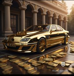 a gold colored car is parked in front of some stacks of gold coins on the street