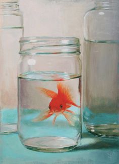 a painting of a goldfish in a glass jar and another fish inside the water