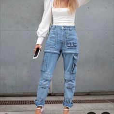 Balenciaga Multi Pockets Cargo & Multi-Zip High-Waist Jeans Turns Into Shorts & Capris Zip Off Each Pant Fits S-M Same Exact Jeans Kendall Jenner Wore Size 28 It Fits As Fitted No Flaws Open To Offers Jeans Kendall Jenner, Balenciaga Jeans, Waist Jeans, Cargo Jeans, Jeans Color, Kendall Jenner, High Jeans, Workout Pants, Colored Jeans