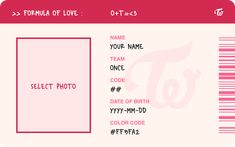 a pink and white ticket with the name of someone's birth date on it