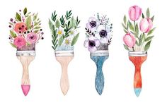 four different brushes with flowers in them